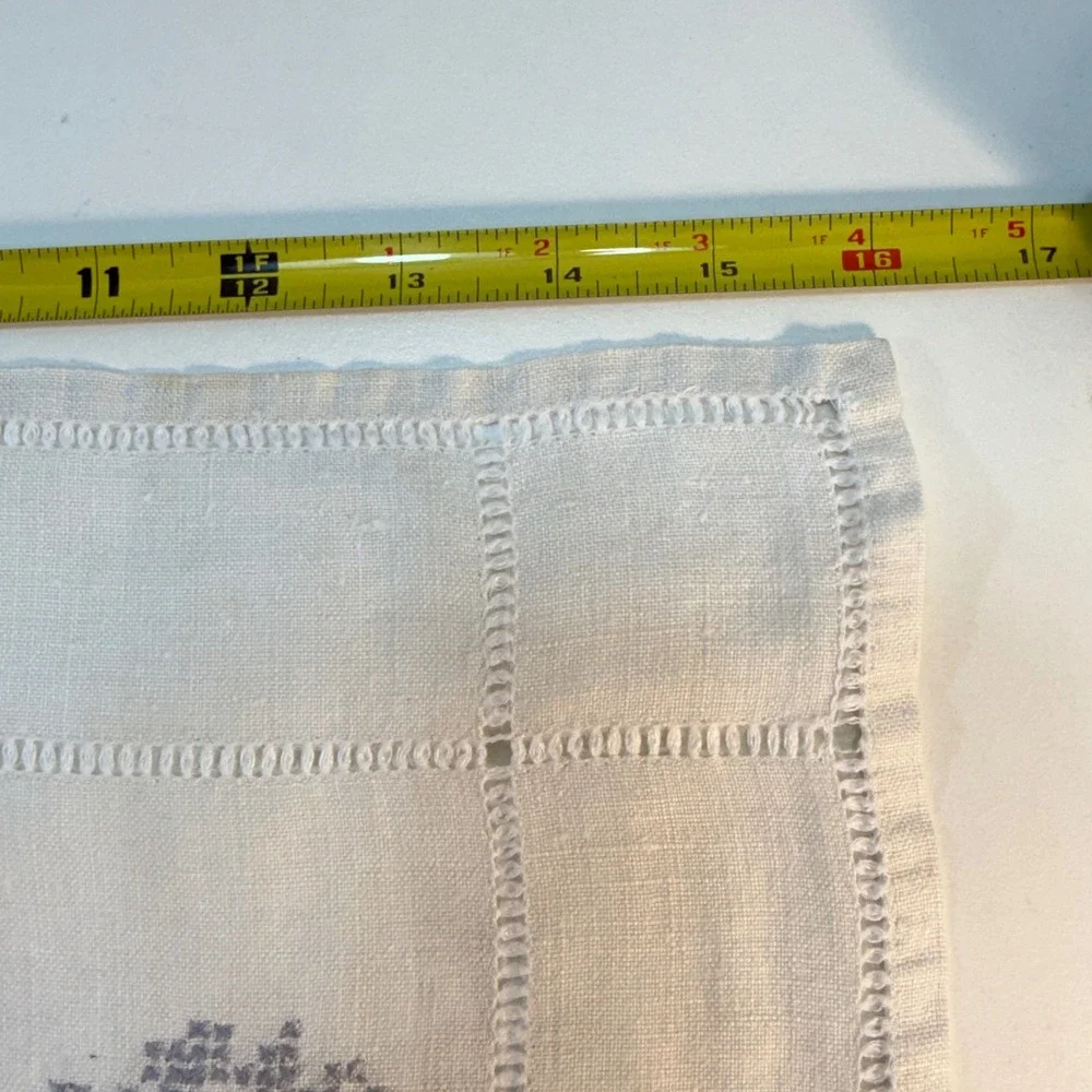 Vintage‎ Hand Embroidered Linen Placemats Cross Stitch Blue Hemstitch Set of 9